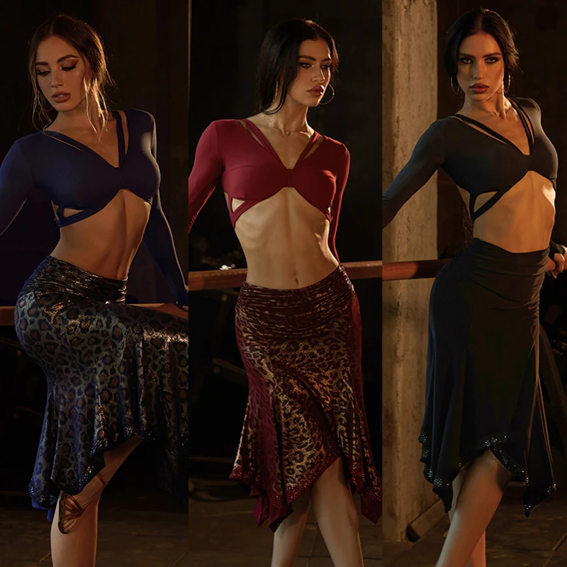 

ZYM Chacha Latin Dance Performance Suits Adults Latin Strap Top Leopard Skirt Women Rumba Salsa Latin Dance Costume SL14436