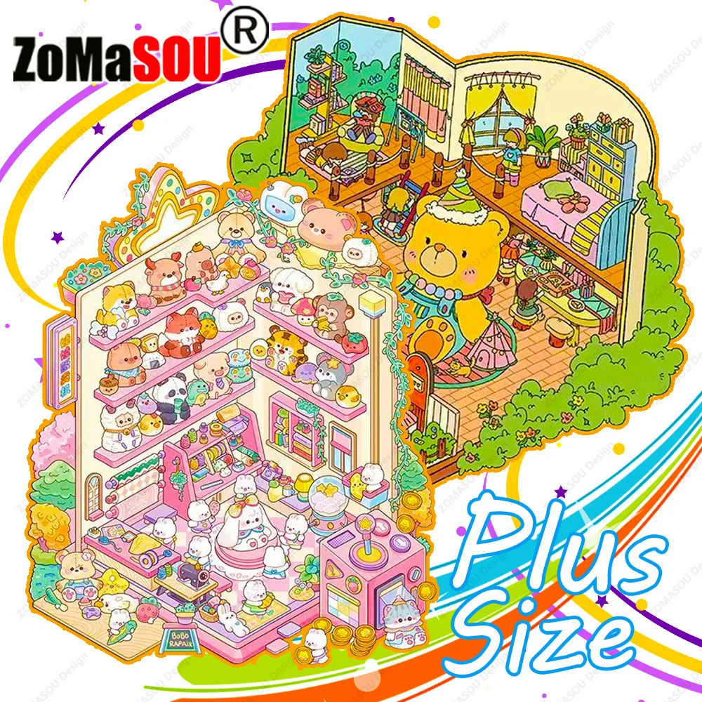 New Plus Size Puzzle Cartoon Toy House 2.5D DIY Landscape Sticker Pocket Cabin Scene Game Stickers Festival Gift for Kid Child