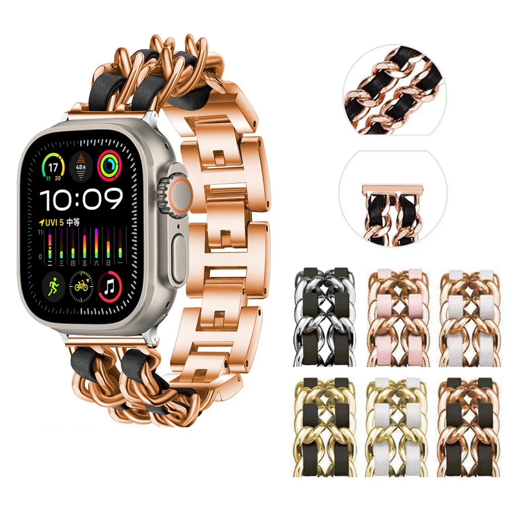 

Металлический ремешок-цепочка для Apple Watch Series 10 9 8 SE 7 6 5 4 3 2 1 для IWatch Ultra 49 45 41 44 40 42 38 46 мм кожаный ремешок
