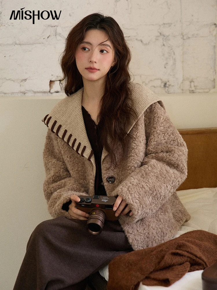 

MISHOW Women's Winter Jackets 2025 Retro Knitted Patchwork Turn-down Collar.short Coat Loose Comfortable Commute Coat MXE87W0989