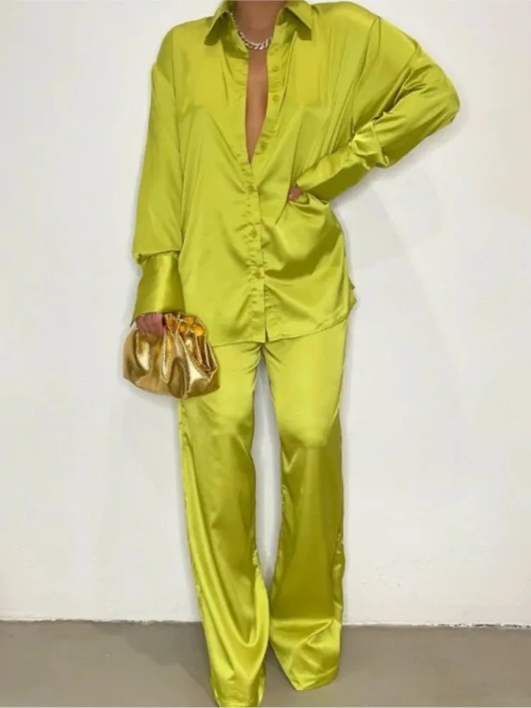 

2025 Elegant Satin Women's Tracksuit Long Sleeve Shirt And Wide Leg Straight Pants Matching Sleepwear Two 2 Piece Set Outfits