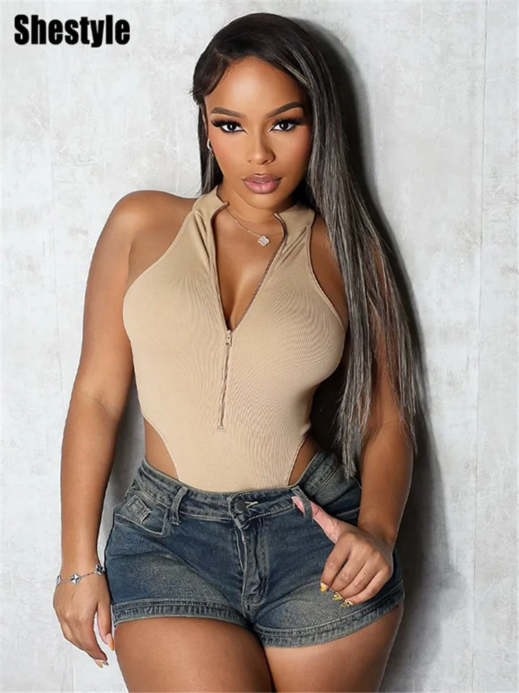 

Shestyle Khaki High Waist Bodysuit Women Zipper Fly Mock Neck Sleeveless Woven Vest Top Sexy Thong Texture Hot 2025 Summer