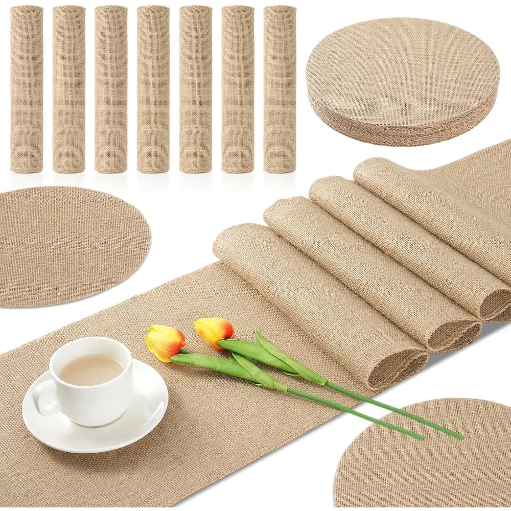 

Set of 42 Natural Linen Placemats and 6 Rustic Burlap Table Runners, Including 36 Round Jute Placemats and 12x71 Inch Linen Tabl