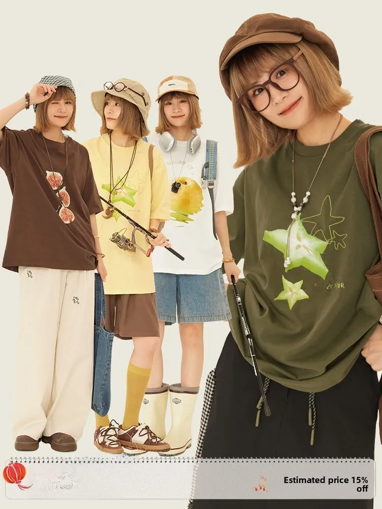 

Новая летняя женская свободная хлопковая футболка ort Sve с фруктовым принтом Street Sle, повседневный круглый топ Ne от HOT Volcano