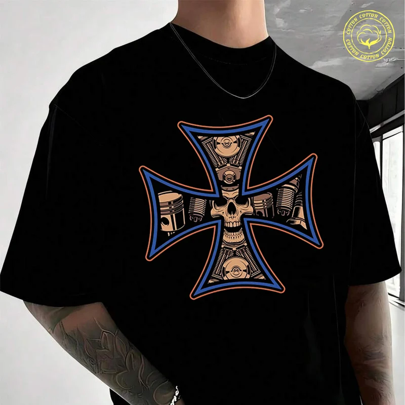 

Men's Moto T-Shirt Biker Patches With A Motorcycle Engine Skulls Fashion Casual Street Style Suitable For Travel And Sports Tee