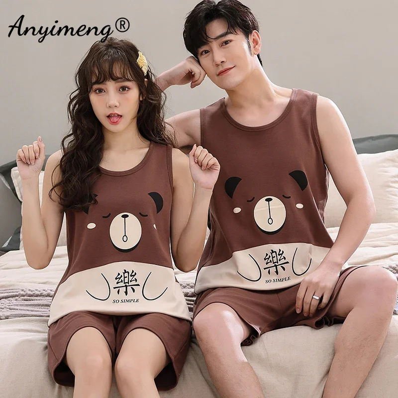 Casal sem mangas moda conjuntos de pijama dos desenhos animados pato impressão kawaii pijamas jovens homens e mulheres homewear pijamas do estudante