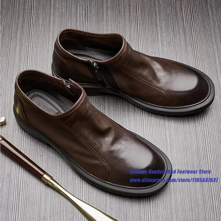 Men's Coffee Leather Side Zipper Loafers Thick-Soled Low Cut Office Leather Casual Shoes Vintage Handcrafted Men's Shoes