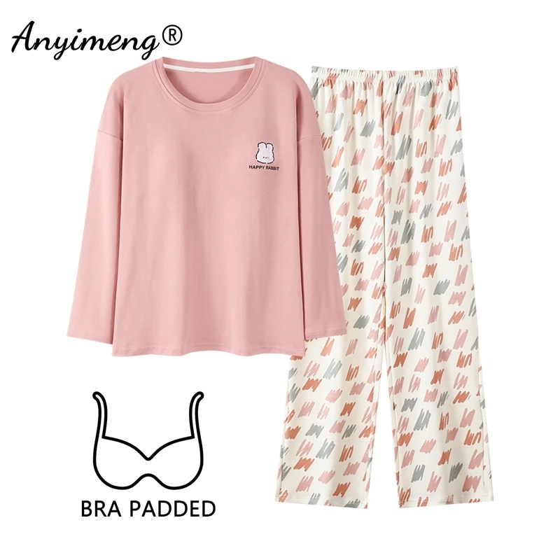 Set pigiama con stampa coniglio carino Nuovo pigiama da donna autunno inverno con reggiseno maniche lunghe Homewear donna indumenti da notte in