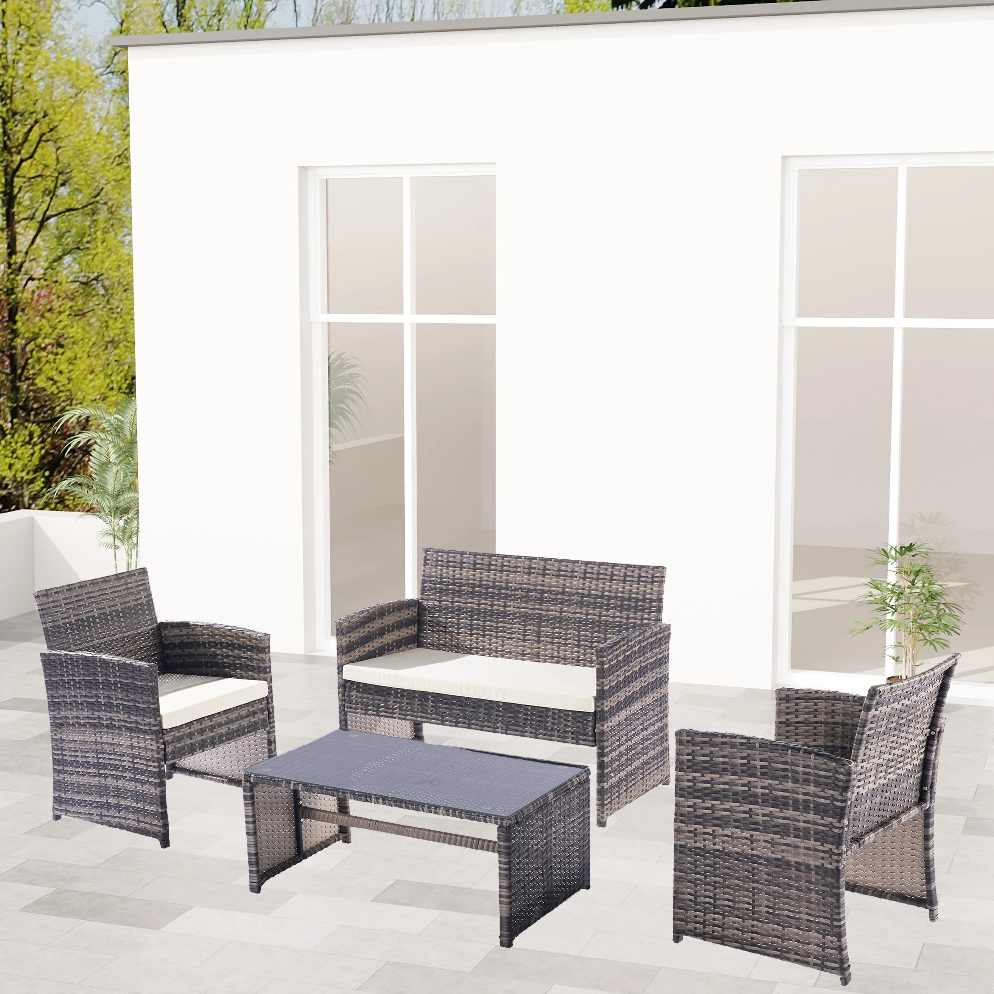 Patio Furniture Set, 4 Pieces Porch Backyard Garden Outdoor Furniture Rattan Chairs and Table Wicker Conversation Set