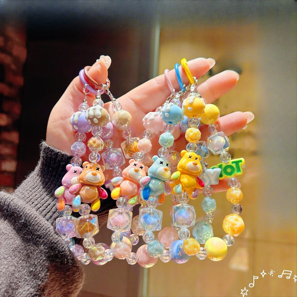 Creative Bear Animation Mobile Phone Chain, Kawaii Handmade Beaded Bag Pendant, Doll Beaded Keychain, Exquisite Gifts