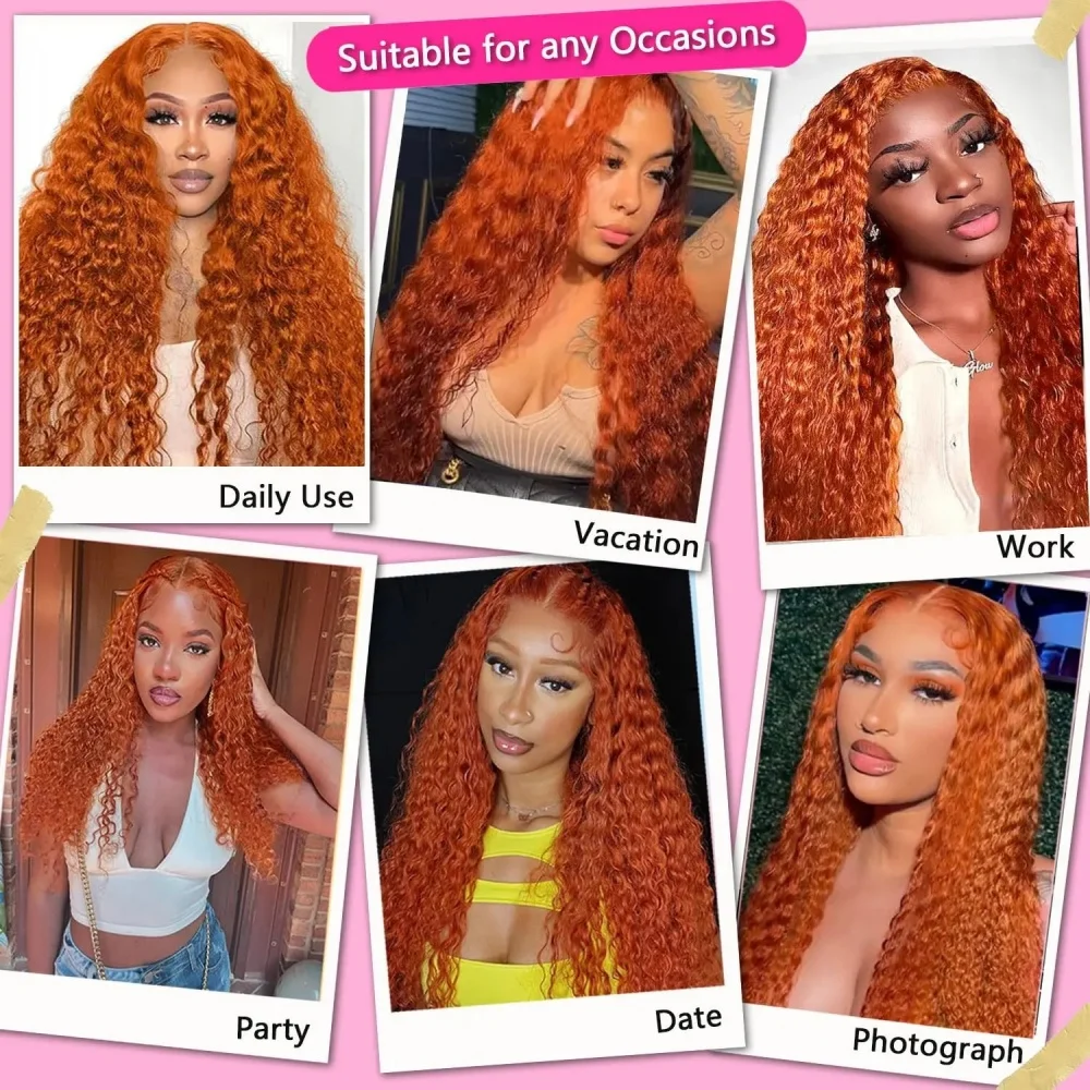 200% Density Ginger Orange Deep Wave Human Hair Wig 13x6 Hd Lace Front Human Hair Wig #350 Colored Wig Human Hair Pre Plucked view 5