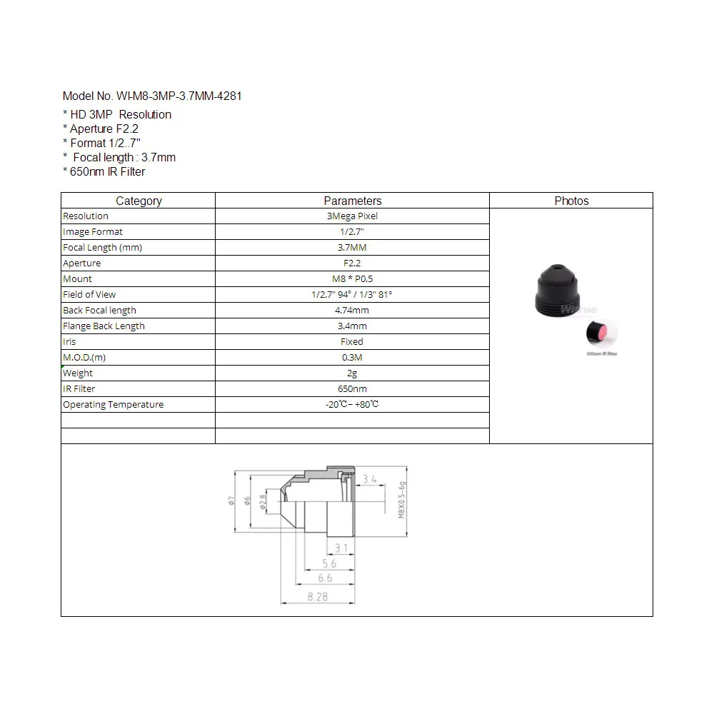 Witrue Pinhole Lens 3.7mm M8 X P0.5 Mount HD 3 Megapixel 1/2.7' F2.2 with 650nm IR Filter for Mini Camera CCTV Security Cameras