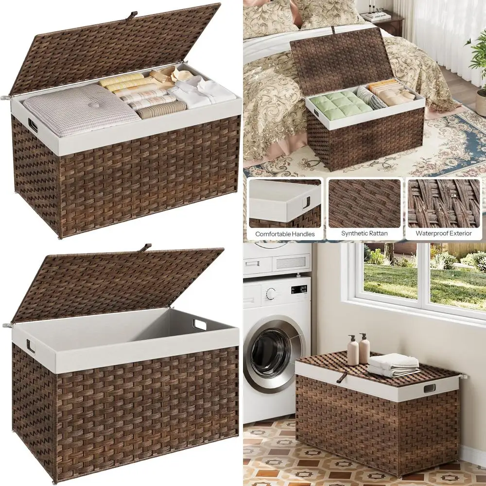 

42.3 Gallon Wicker Storage Basket with Lid, Metal Frame, Soft Lining, and Handles for Home Organization