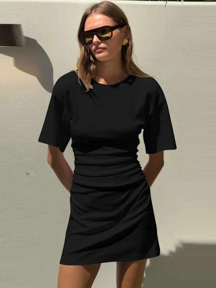 女性の O ネック半袖ハイウエストスリムパーティークラブドレスファッションカジュアルチュニックシャーリングソリッド T シャツドレス Y2K ストリートウェア