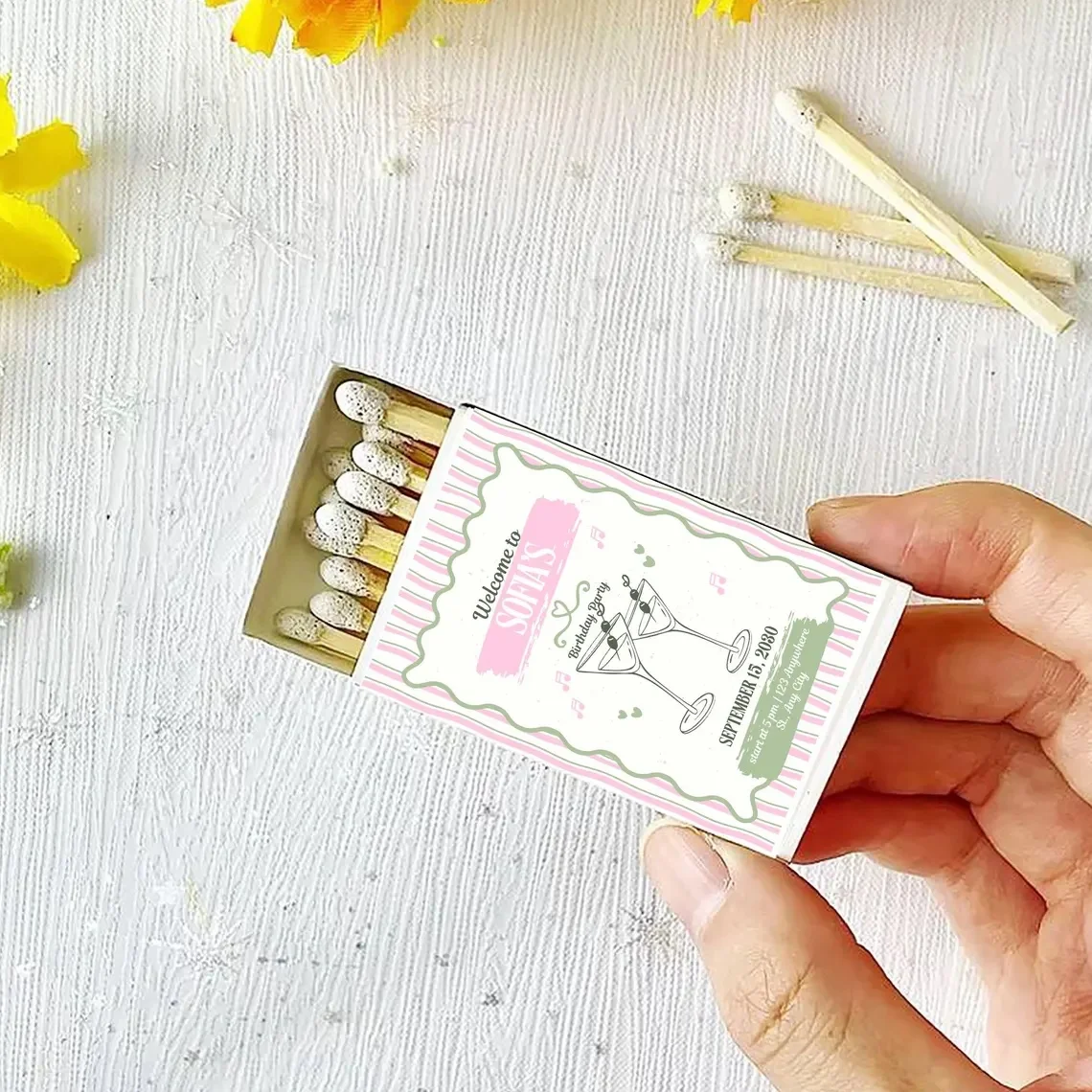 

Customized Birthday Matchboxes, Dirty Martini Theme, Custom Illustrations Matchboxes for Birthday Party Favors