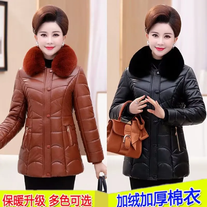Middle-aged Women PU Leather Jacket New Winter Jacket Add Velvet Keep Warm Cotton Parkas Female Mother Faux Leather Coat 5XL