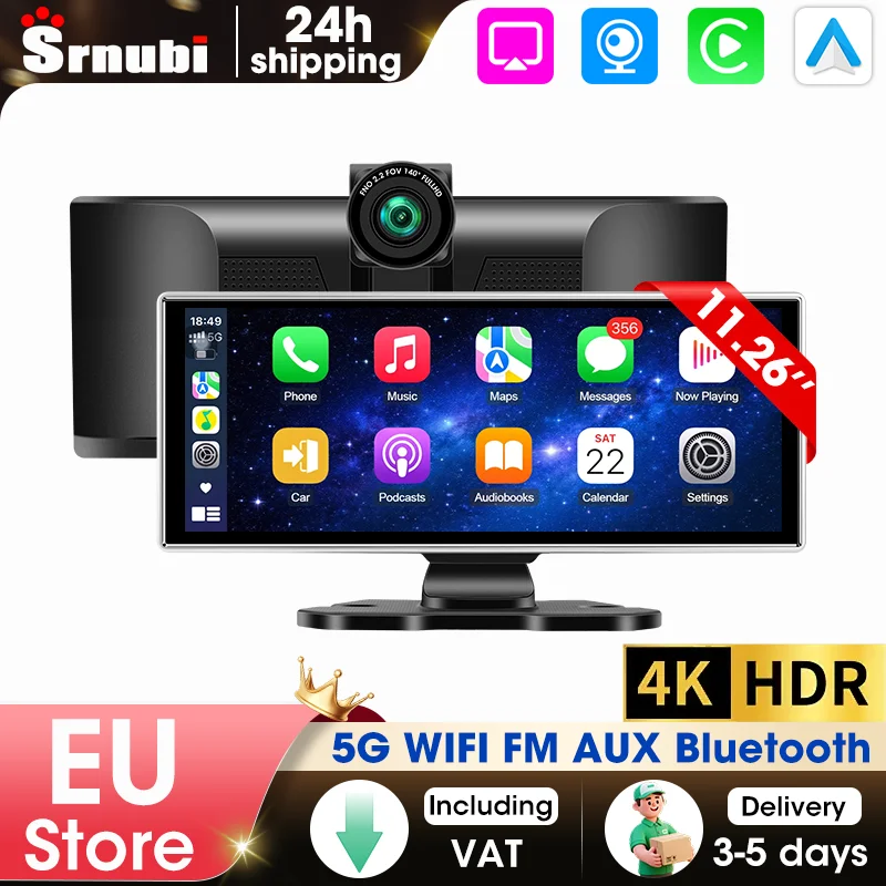 Srnubi 11,26 pouces Installation facile 4K Car DVR Caméra embarquée sans fil CarPlay et Android Auto Systèmes intelligents pour voiture Interface Type-C