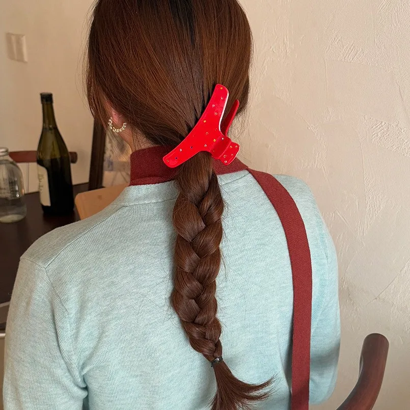 Korean Retro Hair Shark Clip Red Acetate Rhinestone Decorative for Back Head Ponytail Bun Elegant Versatile