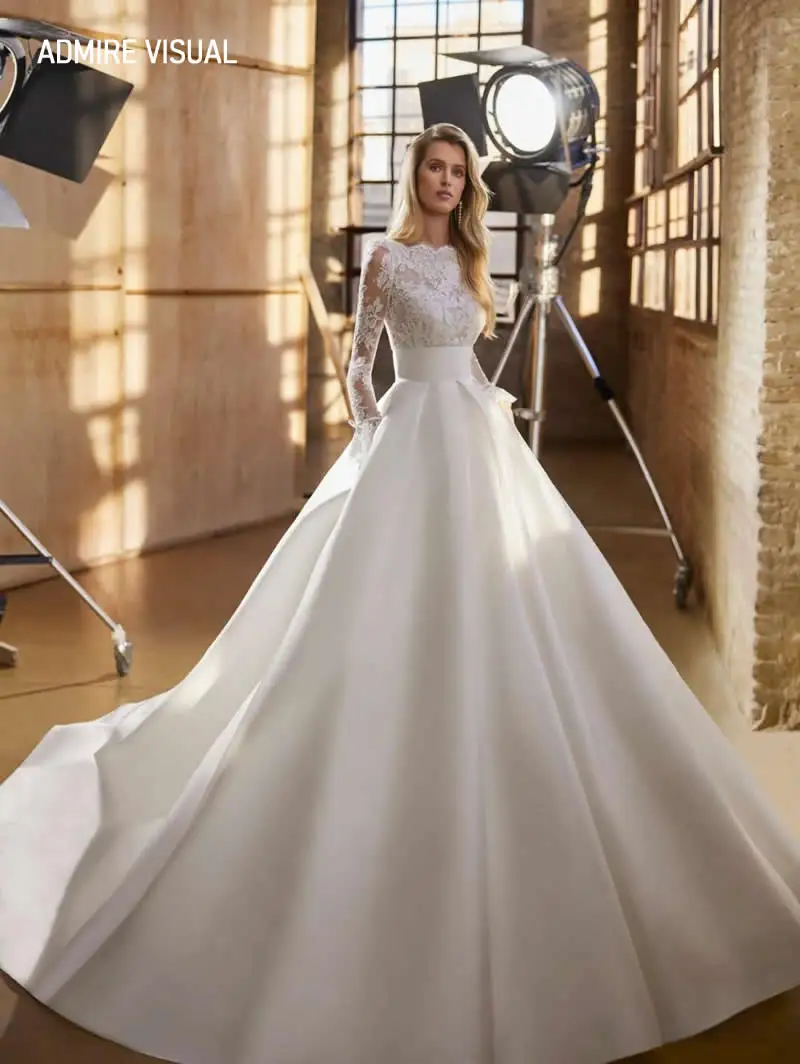 Wedding Dress A-Line Boat Neck Neckline Full Sleeves With Long Open Back Custom Made Bride Gowns Vestidos De Novia