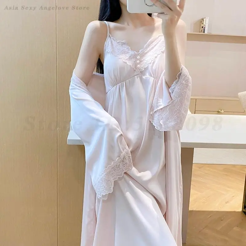 

Female Long 2PCS Nighty&Robe Sleepwear Set Sexy Lace Trim Bathrobe Kimono Gown Suspender Nightdress Summer Loose Satin Home Wear