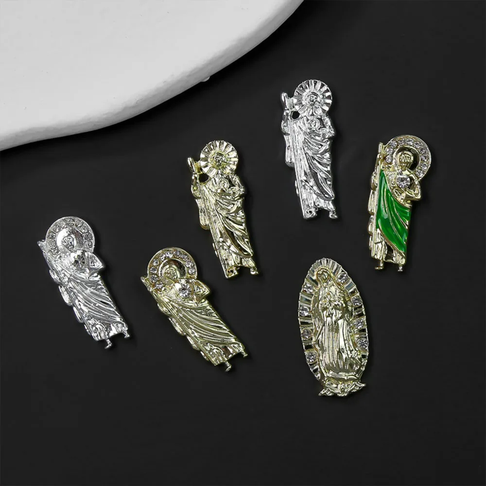 10szt San Judas 3D Nail Charms Green Silver Gold Virgin Mary Nail Art Rhinestones With Bling Diamond Metal Manicure Jewelry