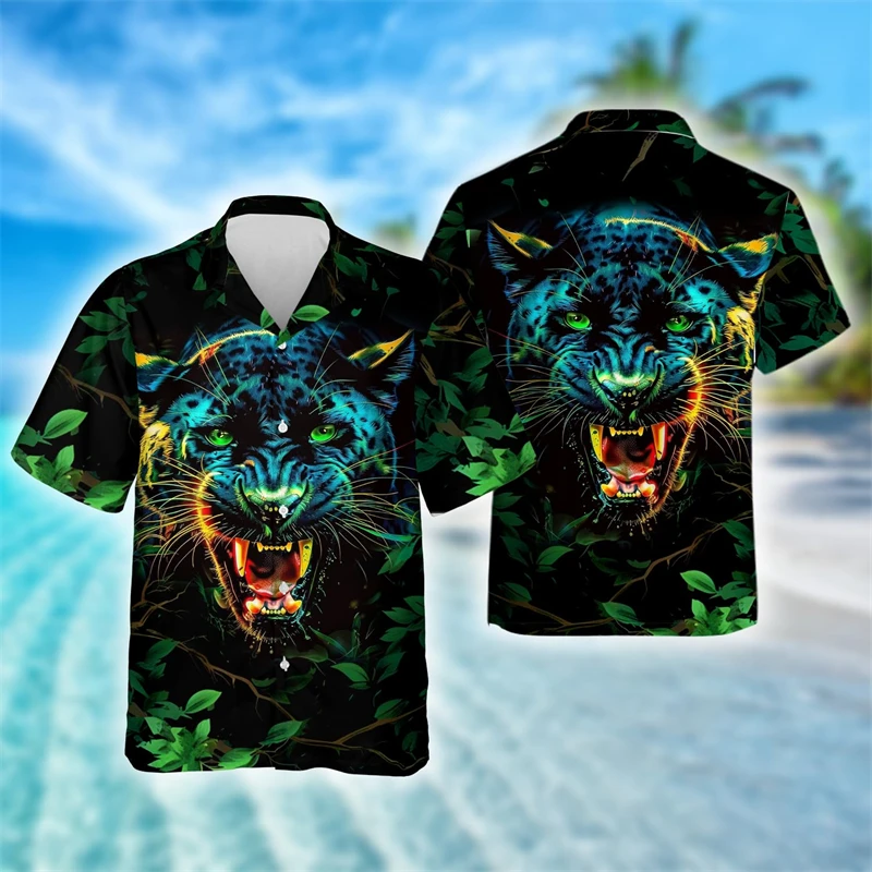 Short Sleeve Leopard Men's Shirts For Man Clothing Hawaiian Fashion 3D Print Thin Lapel Floral Casual Cat Animal Imported Camisa