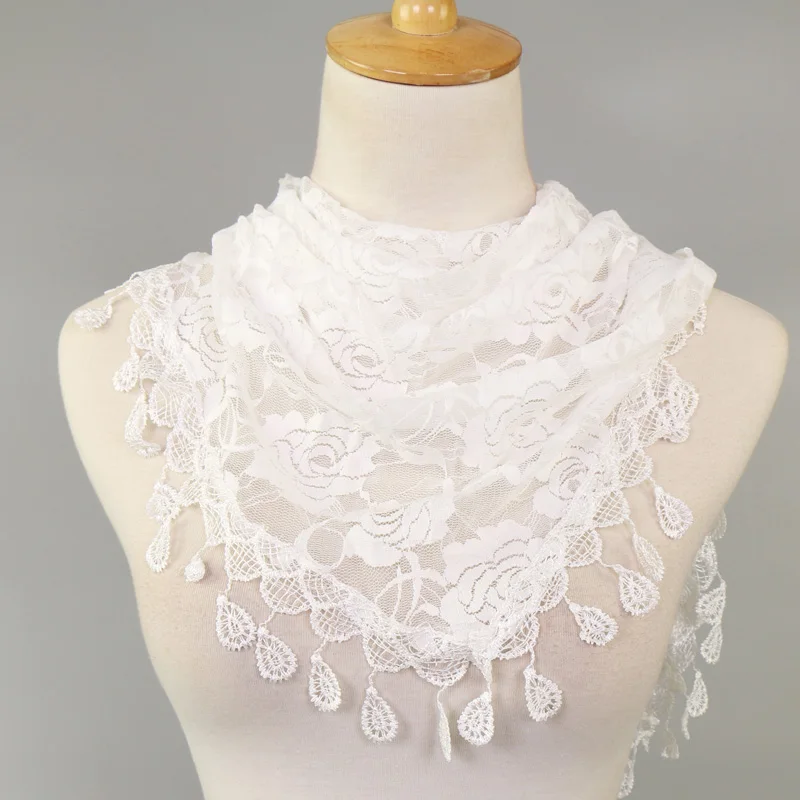 Newest Floral Embroidered Lace Triangle Scarf Hijab Prayer Veil Church Headwraps Tassel Shawl Hollow Plain Headband Female Shawl