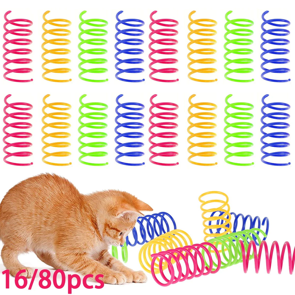 16/80Pcs Cat Spring Toys Colorful Cat Coil Toy Durable Plastic Creative Cat Interactive Pet Toy for Kitten Hunting Swatting