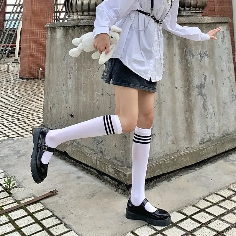 Lolita Cosplay Girls Sexy Medias Black White Striped Long Socks JK Women Velet Thigh High Over The Knee Stockings Knee High Sock