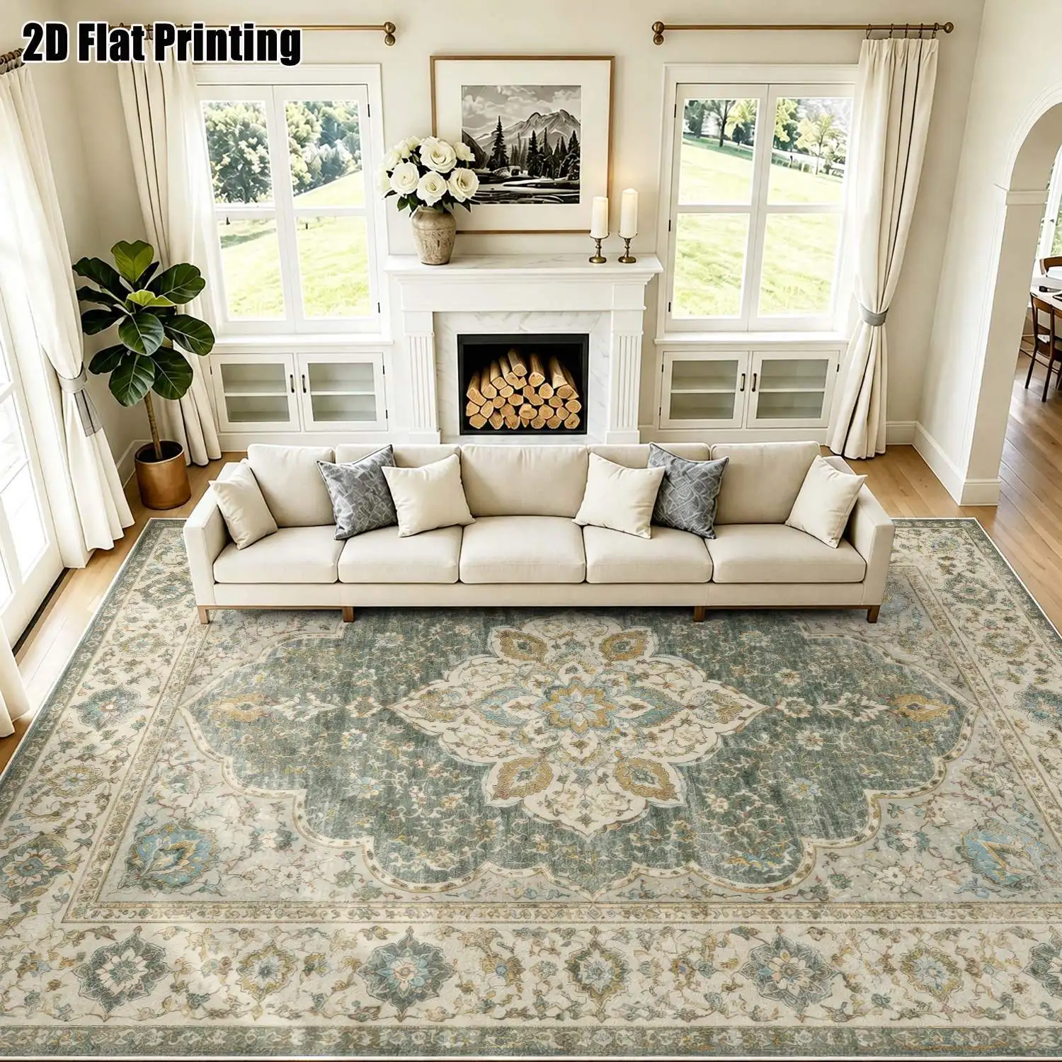 1Pc 2D Printed Blue-Grey Retro Floral Velvet Carpet, European/Vintage/Bohemian Style, Home Decor, Multi-Size, Machine Washable, for Entrance, Dining, Bedroom, Living Room