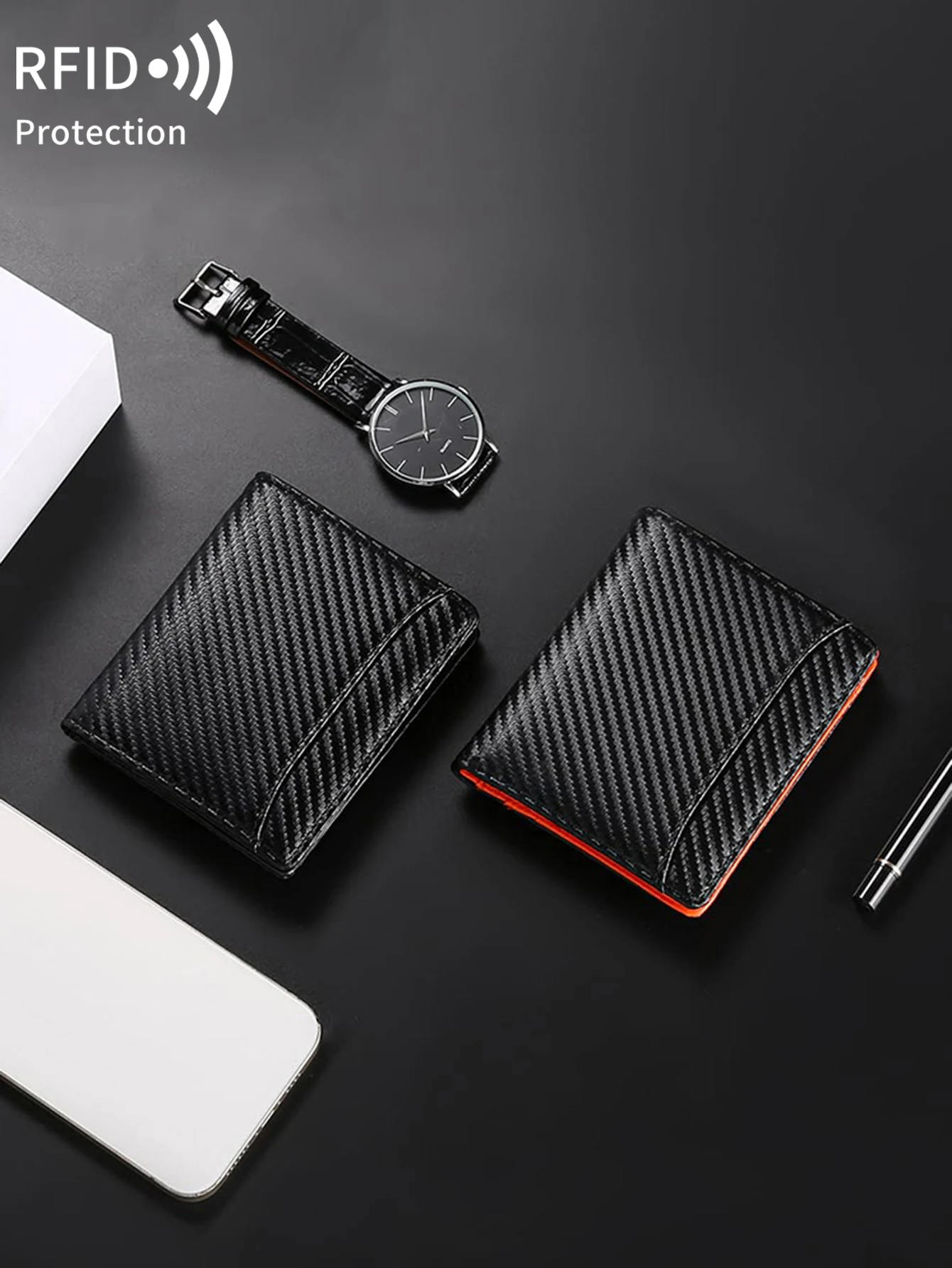Men\'s Carbon Fiber Wallet PU Leather RFID Bifold Short Wallet Portable Zipper Coin Pocket Ultra-thin Large Capacity Card Holder