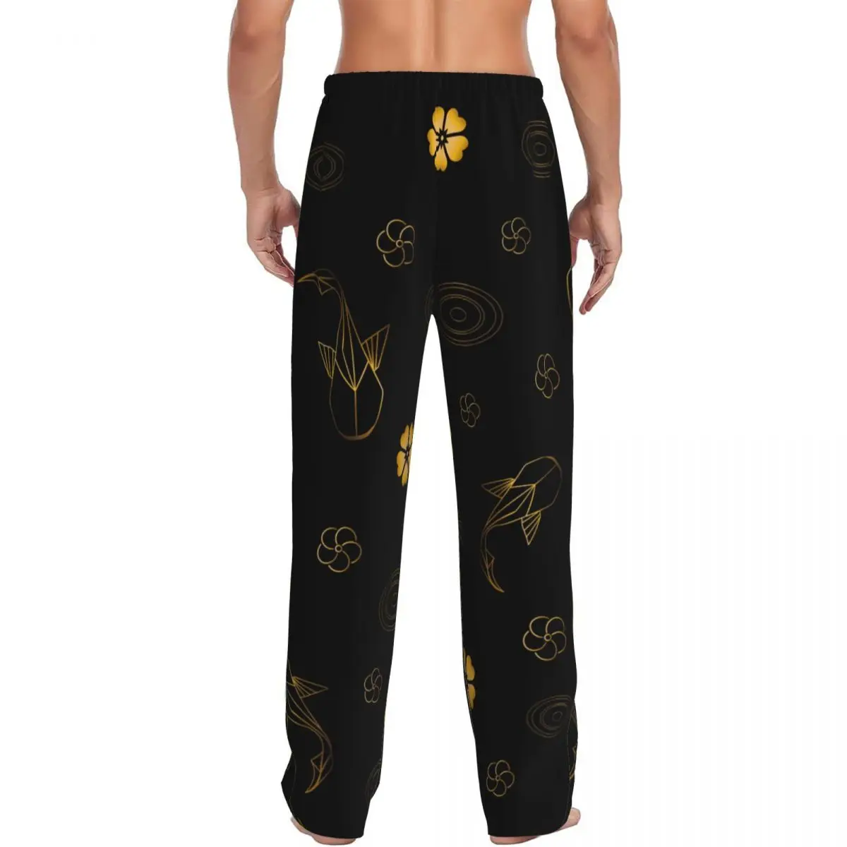 Calça de pijama estampada personalizada masculina, pijamas de peixe dourados, círculos na água e flores, fundo do salão do sono com bolsos