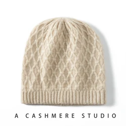 Winter Women's Casual Outdoor Warm Hat High Quality 100% Cashmere Hats Female Soft Solid Color Skullies Grid Graph Knitted Cap