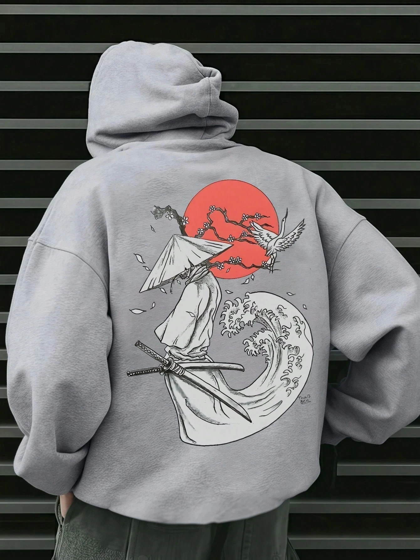 

Samurai Printed Double Sword Hat, Digital Crane Plum Blossom, Red Sun, Graphic Art on The Back, Streetwear Hooded Sweatshirt