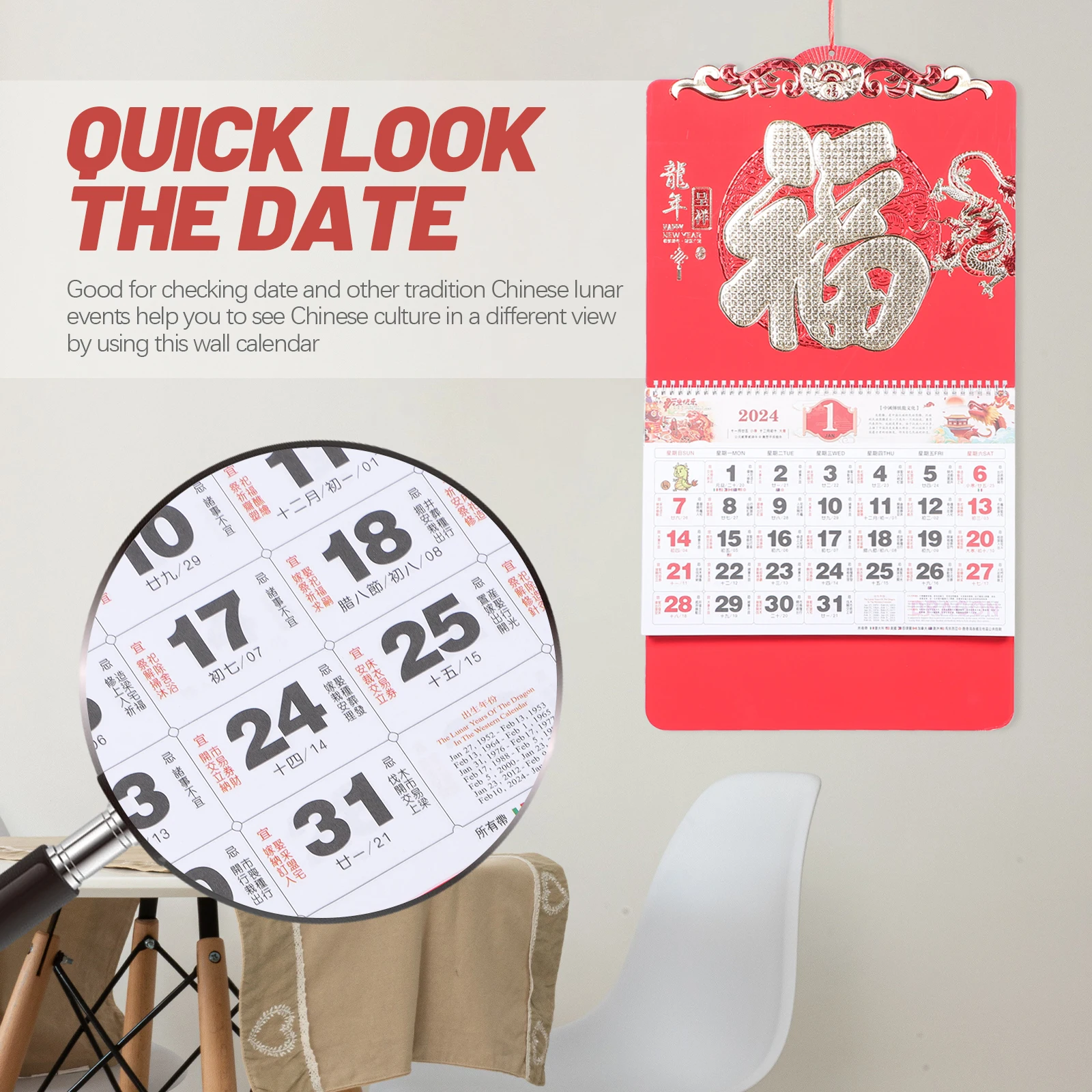 

1Pcs 2024 Year Red Fu Character Hanging Calendar Classic Chinese Style Wall Calendar Home Office Supplies Daily Planner