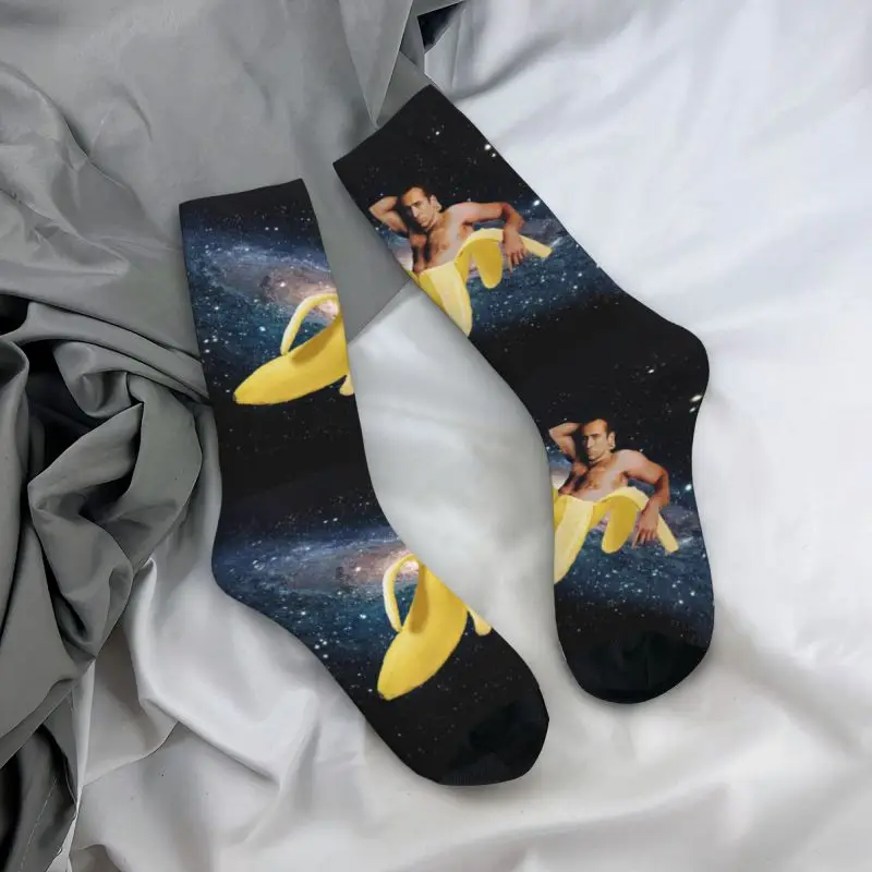 Homens e Mulheres Nicolas Cage Vestido Meias, Novidade Engraçada, Meias de Tripulação Espacial Quente, Em Uma Banana