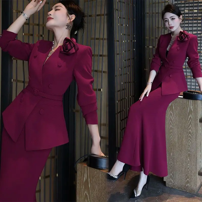 Fashion Women\'s Set for Spring and Summer Korean Version Waist Cinching Slimming Jacket Fishtail Skirt Socialite Two-piece Set