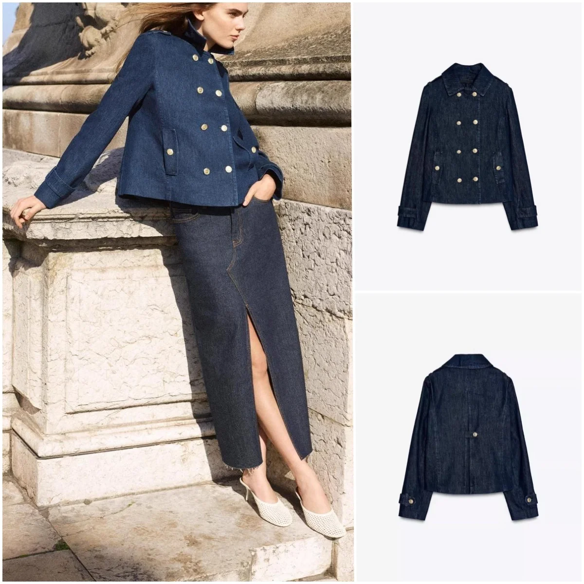 

Весенняя женская модная двубортная джинсовая куртка с золотыми пуговицами и длинным воротником-свеком, прямой крой, для поездок на работу