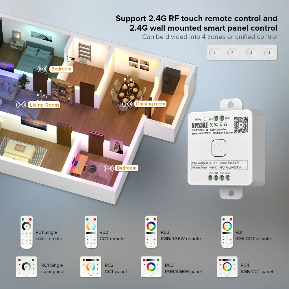 SP536E-SP53CE Pixels LED Controller Wifi Alexa Google Home BT SPI FCOB WS2812B WS2811 RGB SK6812 WS2814 RGBW Light Strip 5V-24V