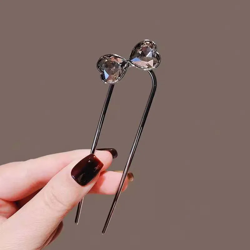 Fashion Black Crystal Leaf Flower U-shaped Hairpin for Women Chinese Style Metal Bun Hair Sticks Jewelry Hair Accessories