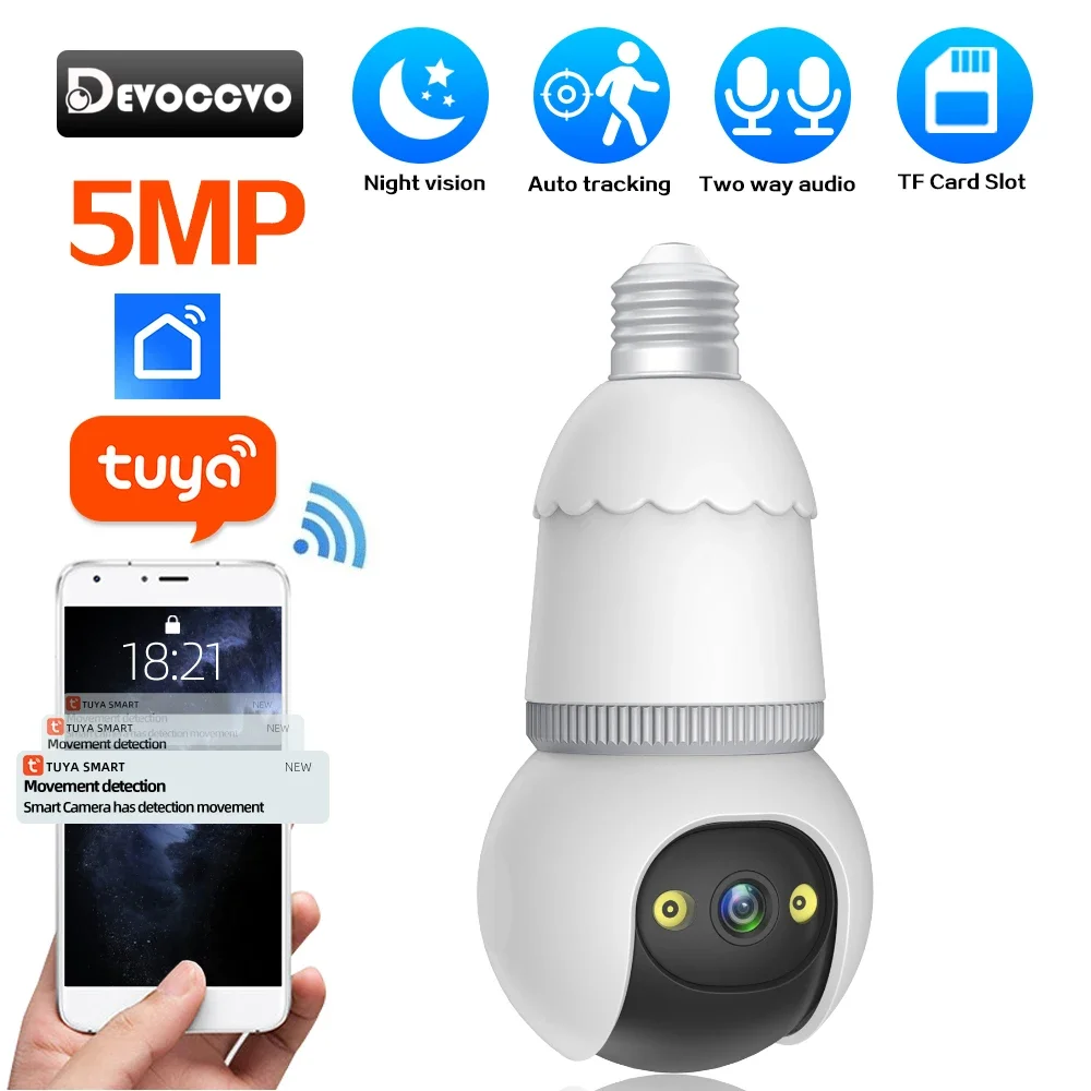 

Tuya 5MP Wifi PTZ IP Light Bulb Camera Auto Tracking Smart Life Wireless Home Surveillance Camera 2 Way Audio Baby Monitor Cam