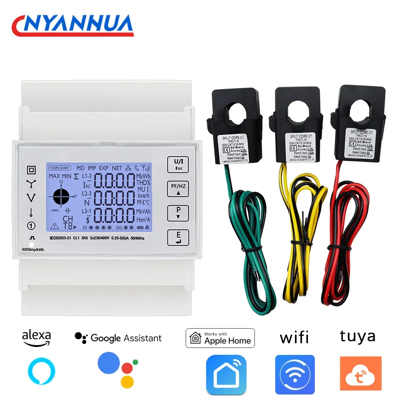 Monitor de Eletricidade Inteligente Trifásico Trilho Din Tensão Medidor Kwh Wi-fi Energia Monitor de Eletricidade em Tempo Real Tuya