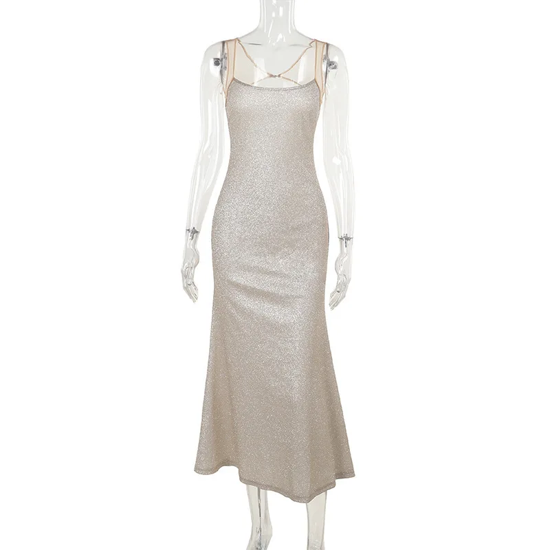YUZHEXI helles Seiden-Glitzer-Khaki-Kleid für Damen, Mesh-Tank, Schulter-Rückenausschnitt, figurbetont, elegantes Abendkleid