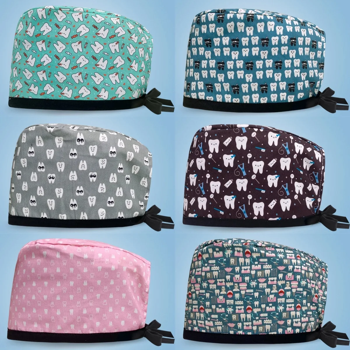 Doctor Operating Room Pattern Printed with Buttons Nursing Head Cap Lab Scrub Pet Hospital Surgical Hat Unisex Dentist Scrub Cap