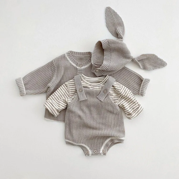 0-24m Infant Girls Simple Knitted Tender Cardigan Newborn Baby Soft Sling Knitwear Bodysuit Fashion Cute Solid Rabbit Ear Cap