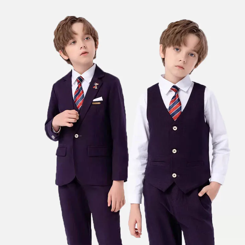 

Gentleman Kids 4Pieces Purple Jacket Vest Pants Bowtie Photograph Suit Children Easter Church Ceremony Dress Boys Party Costume