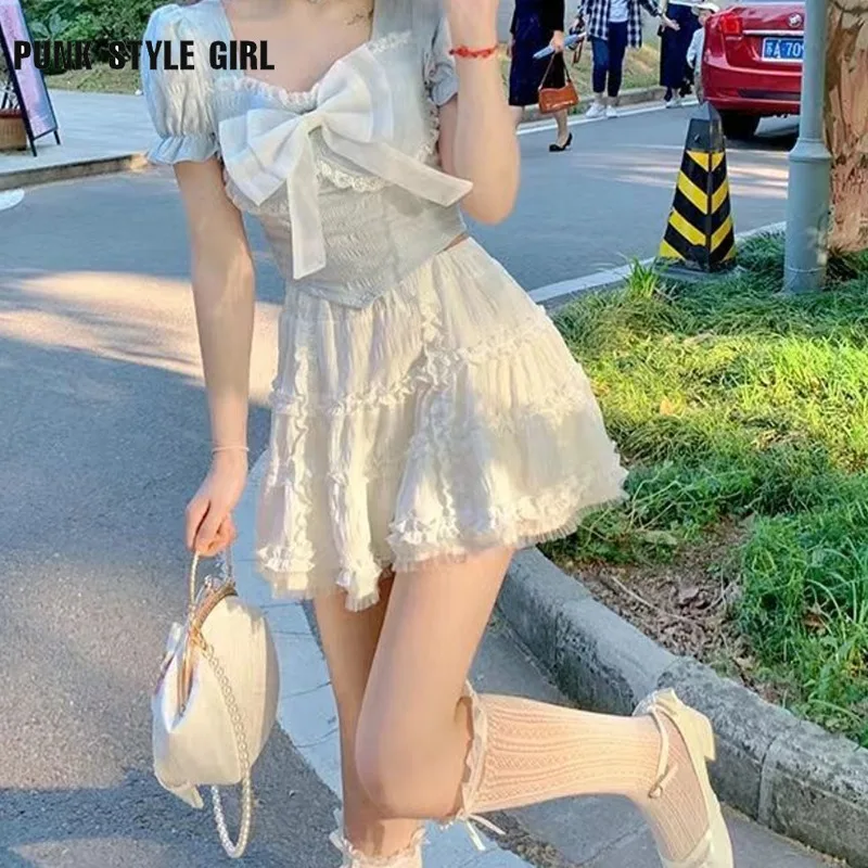 Elastic Waist White Black A Line Mini Kawaii Skirt Japanese Style School Y2k Aesthetic Fairycore Short Skirt Women Streetwear