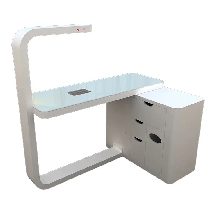 Simple white manicure table with LED lights, extended lockers and vacuum cleaner