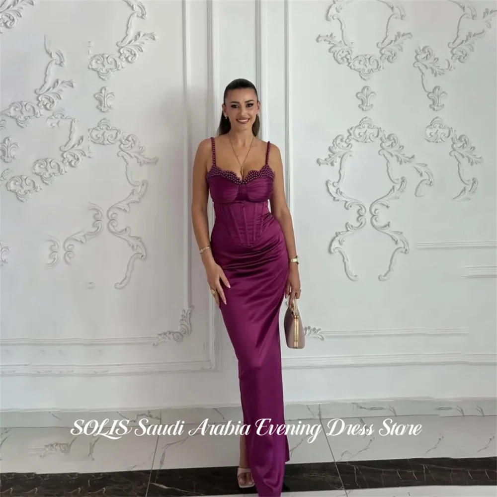SOLIS Purple Prom Dresses Spaghetti Strap Sleeveless Evening Dress Beading On Chest Party Dress vestidos de fiesta Customized