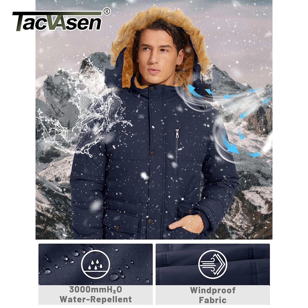 TACVASEN Men\'s Fleece Lined Parkas Jacket Thick Thermal Waterproof Outdoors Snow Working Camping Hooded Coats Zip Up Windproof